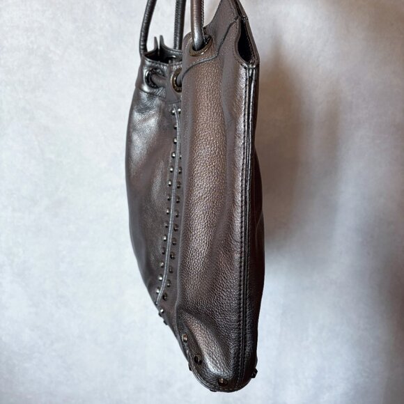 Michael Michael Kors Hobo Bag Studded Top Handle Leather Purse Silver Metallic L - Picture 12 of 14